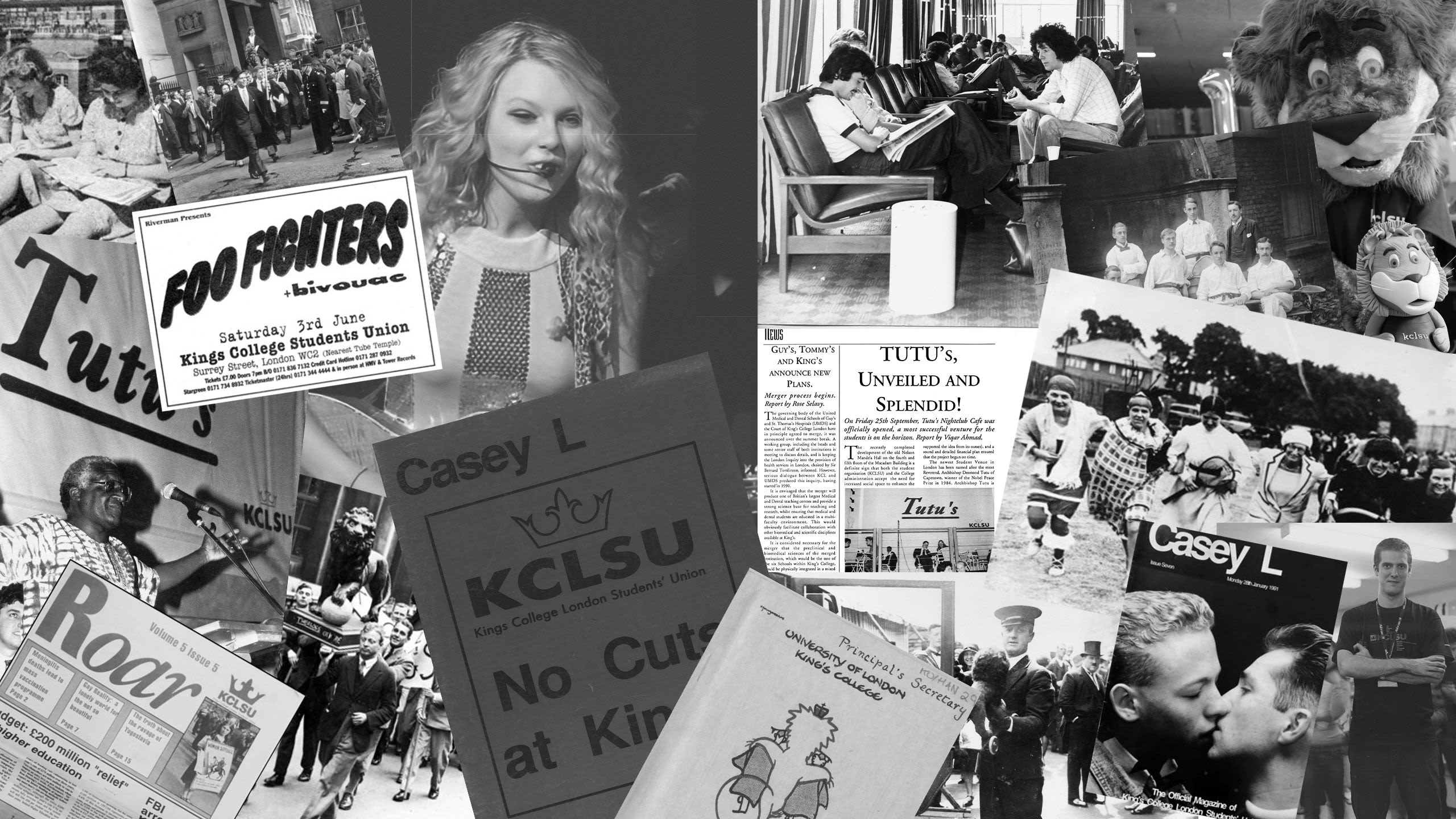 A black and white collage of images from the KCLSU timeline below