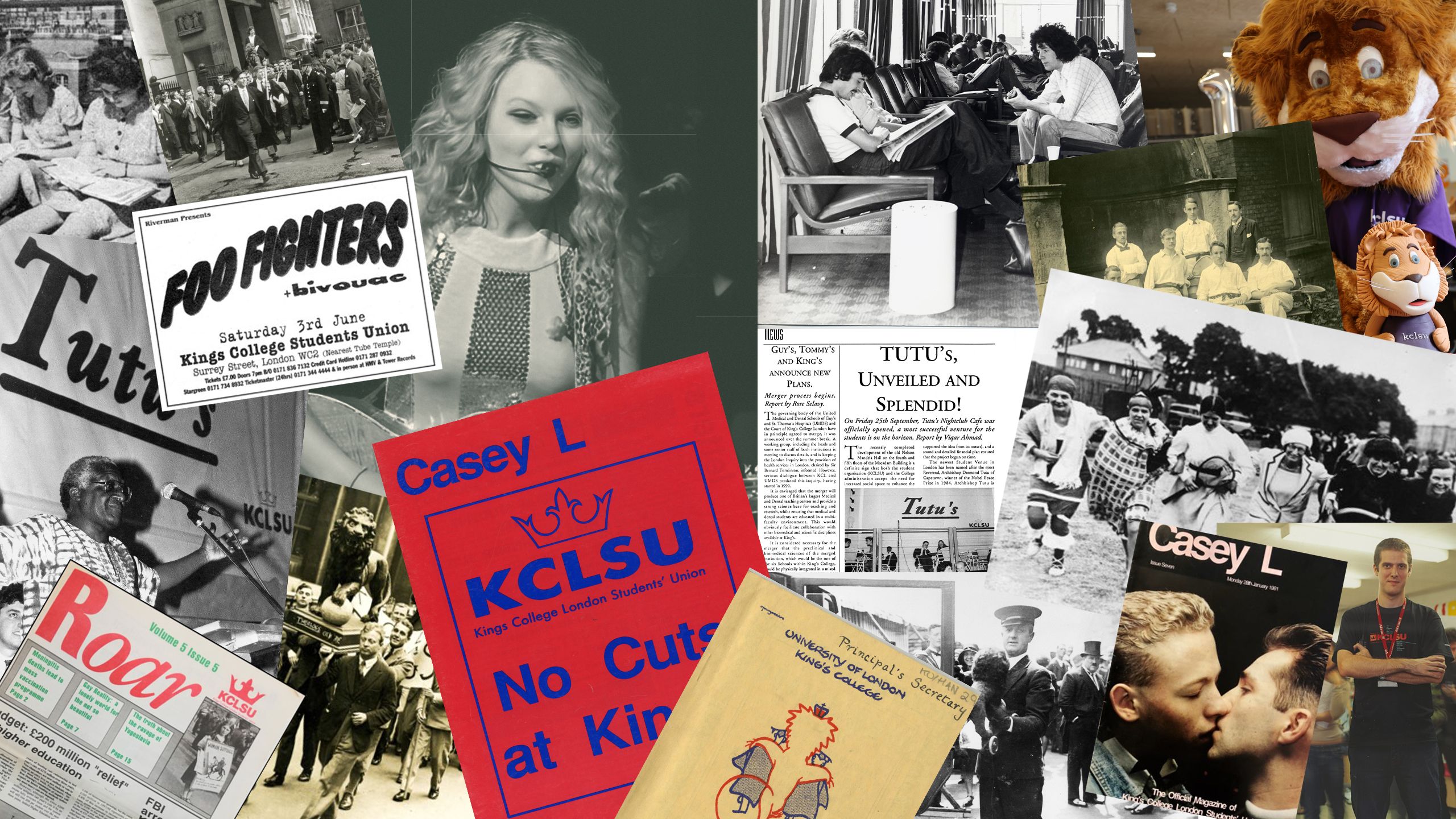 A colourful collage of images from the KCLSU timeline below