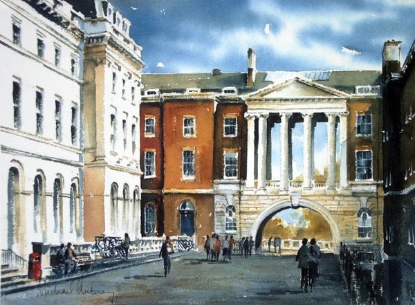 A watercolour painting of the King's quad. People are pictured walking there on a sunny day with blue skies.
