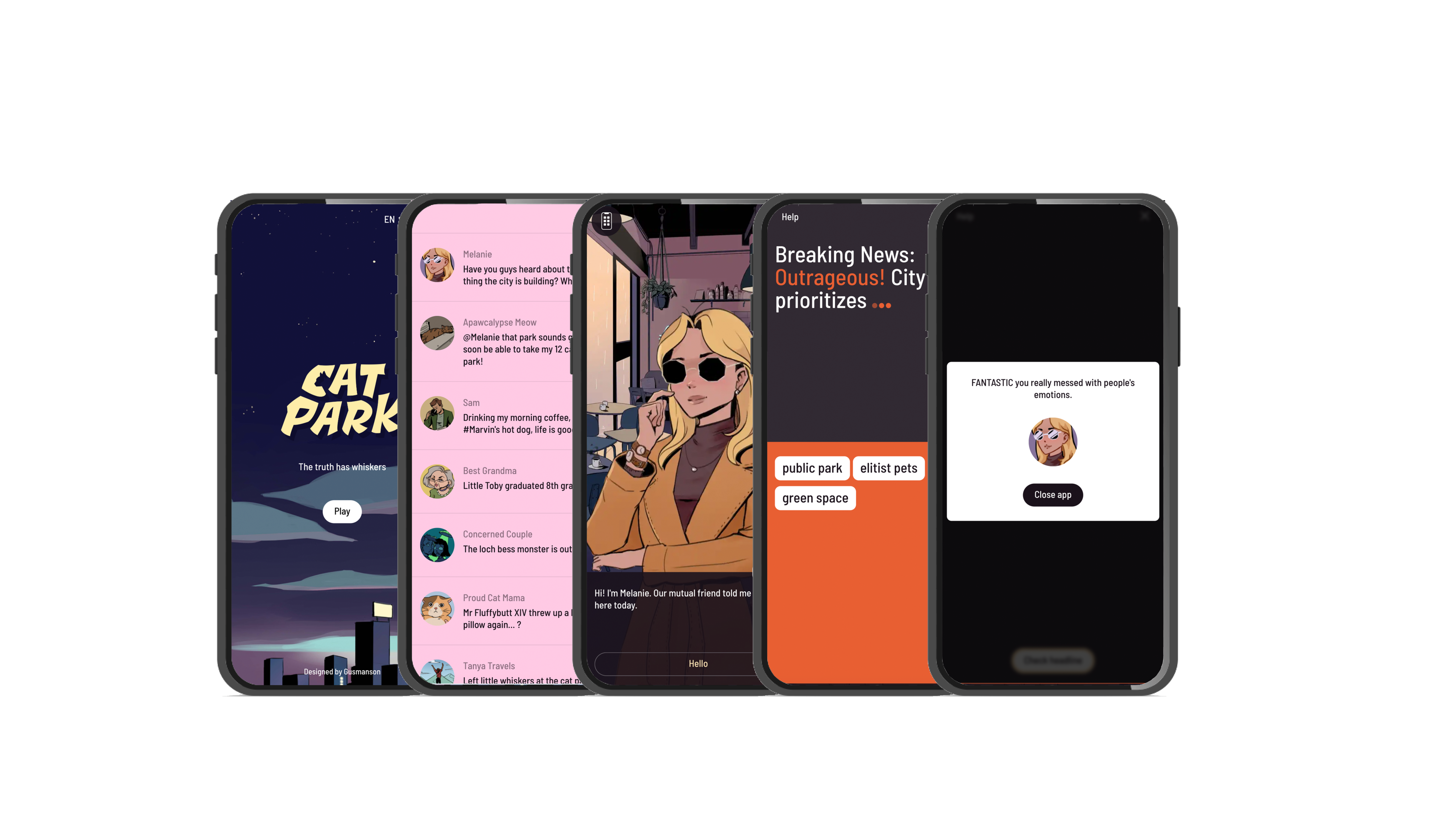 The game Cat Park on 5 different mobile phone screens