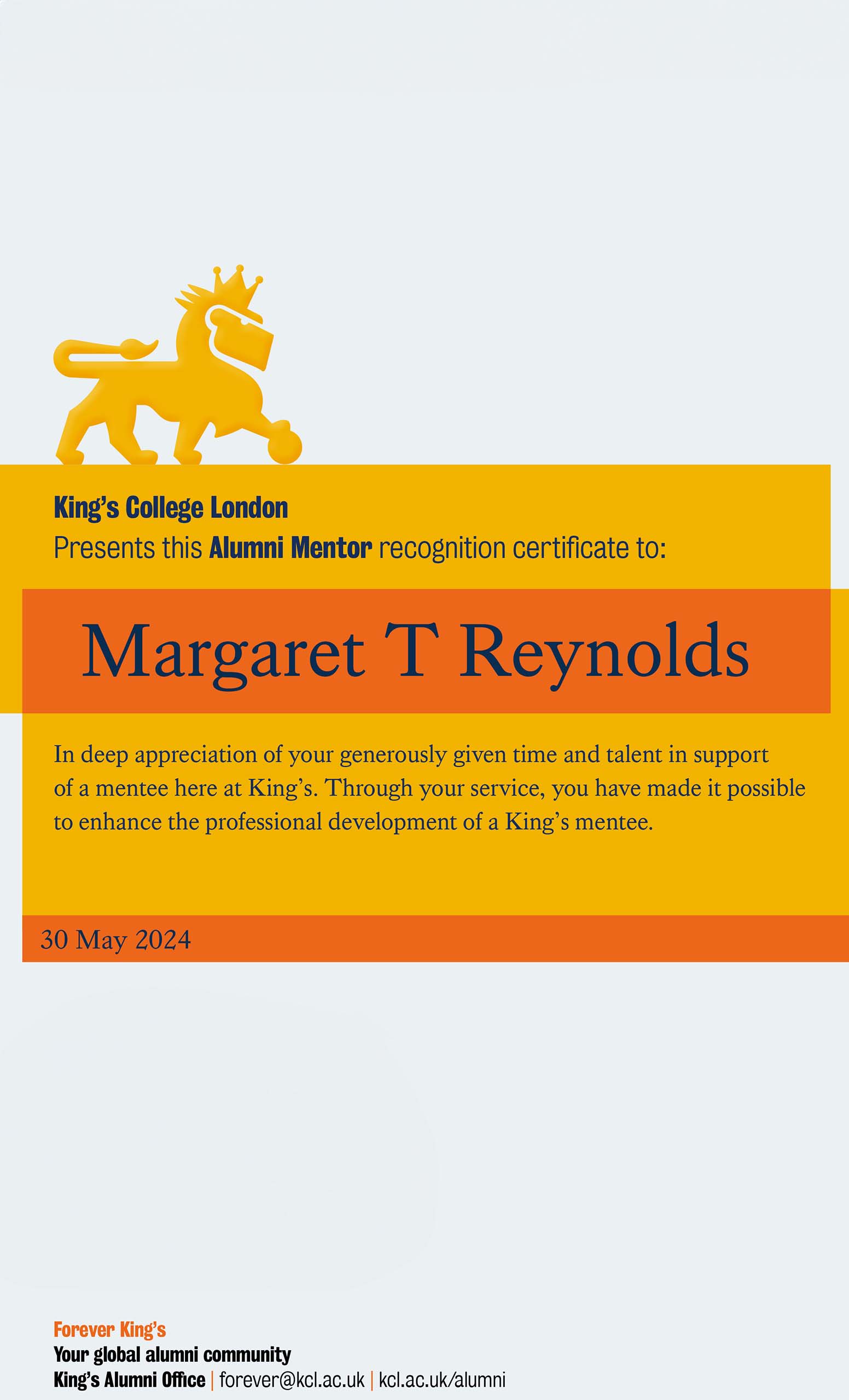 An example certificate from the digital credentials programme. It features Reggie, The King's College London mascot, prominently, and thanks the recipient for supporting the King's community.