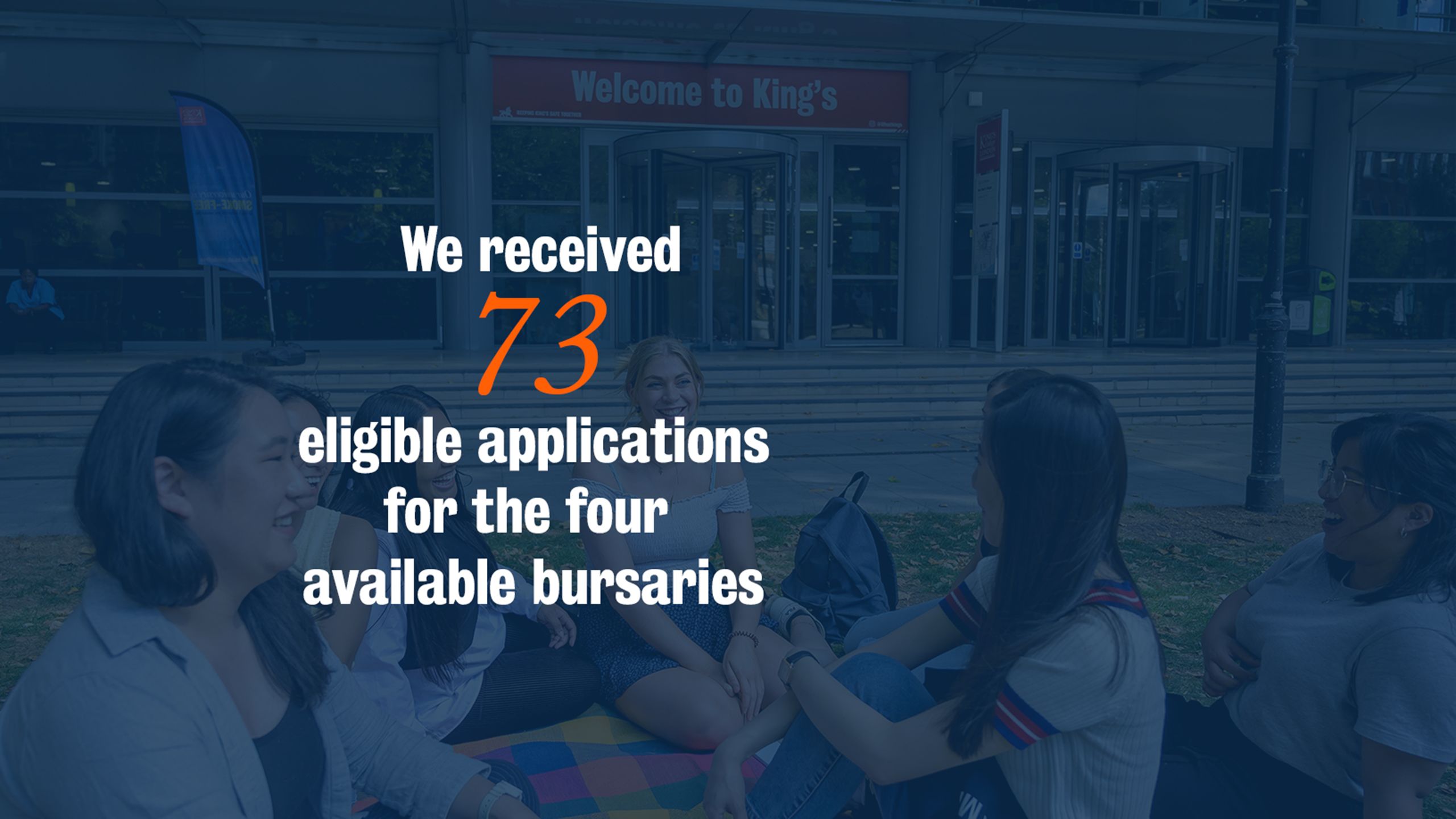 A slide that displays the following information: 'We received 73 eligible applications for the four available bursaries'.