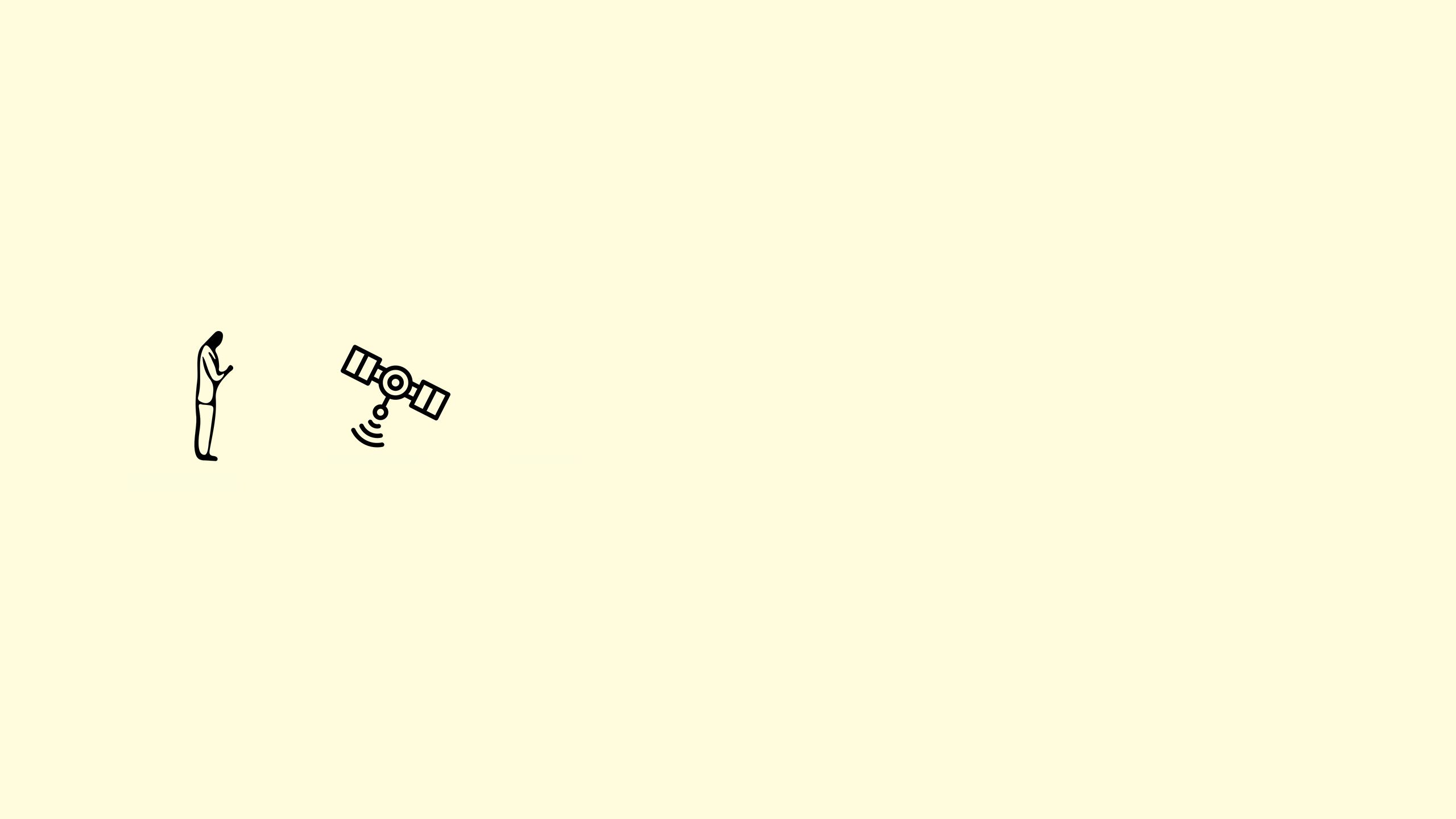 A simple black line drawing of a satelite with two rectangular solar panels, a circular body, and an antenna emitting signal waves.