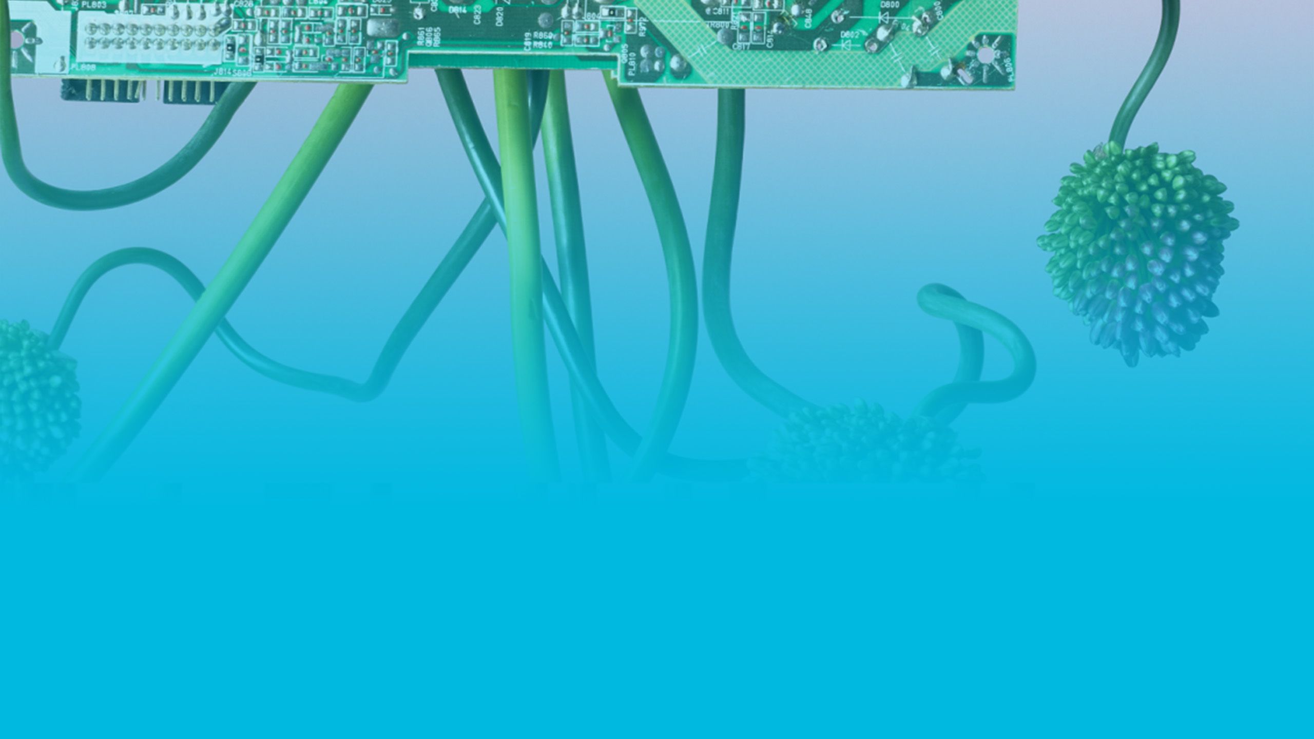 Green plant shoots sprout from a computer's motherboard. It is an AI generated image.