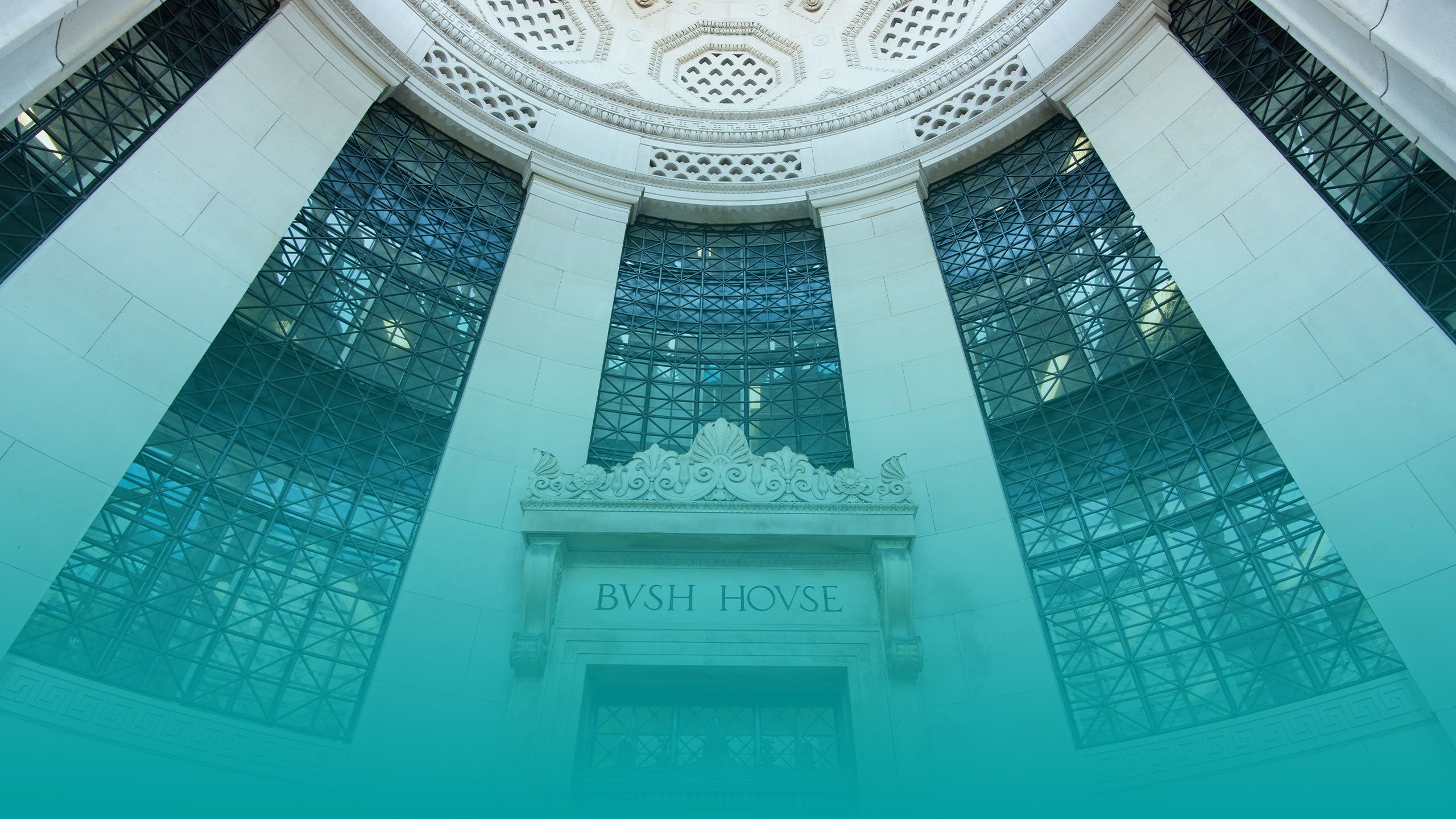 The entrance to Bush House, shot from below.