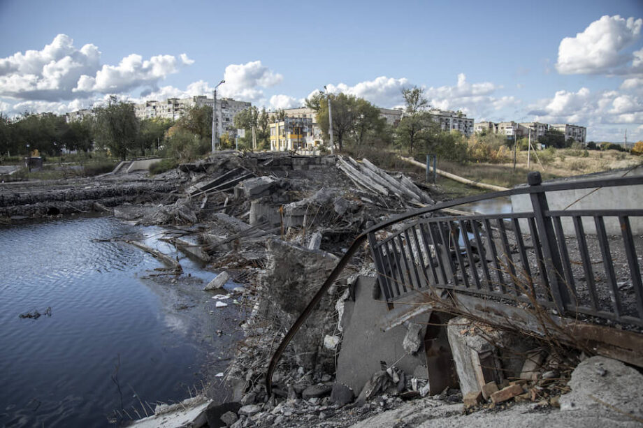 A collapsed bridge in downtown Bakhmut, Ukraine after it was torn down to halt the advance of Russian troops.