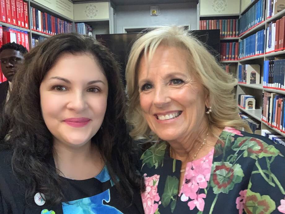 Fabiana Parker and First Lady Jill Biden in a library
